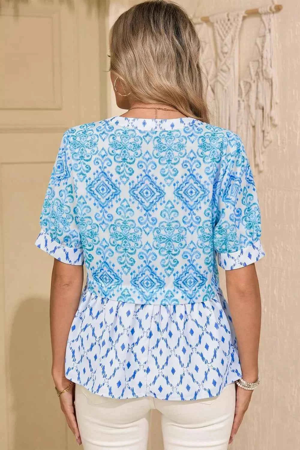 Floral Geometric Patchwork Short Puff Sleeve Babydoll Blouse Trendsi