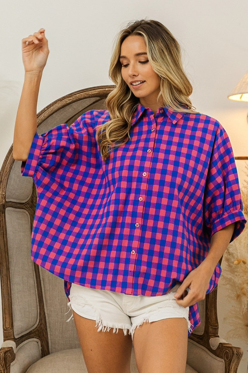 TEEK - Navy Pink Plaid Button Up Dolman Sleeve Shirt TOPS TEEK Trend   