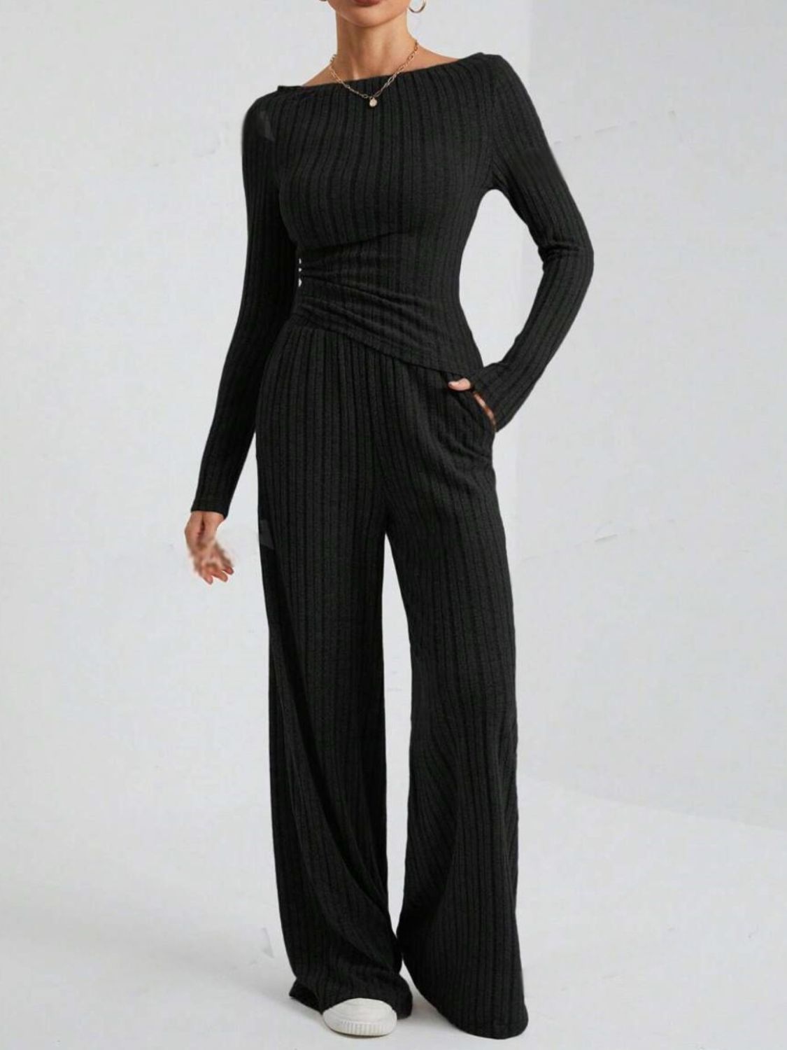 Ribbed Off-Shoulder Top and Pants Set TEEK Trend