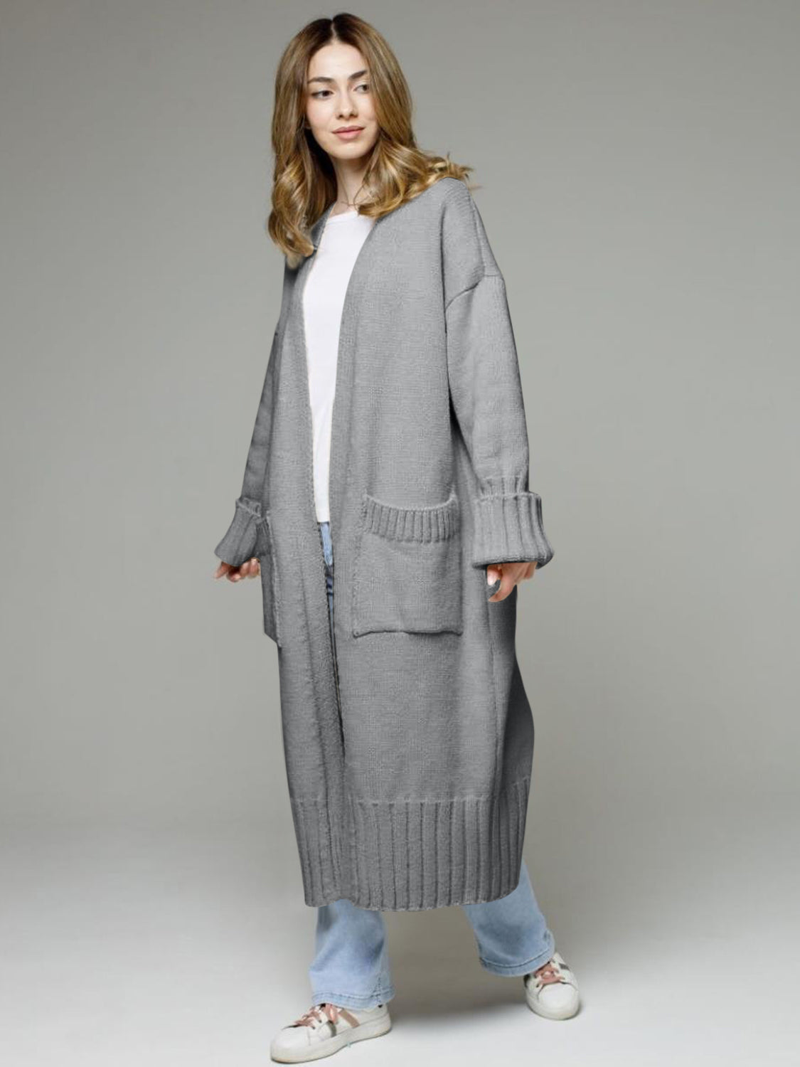 TEEK - Pocketed Open Front Dropped Shoulder Cardigan SWEATER TEEK Trend