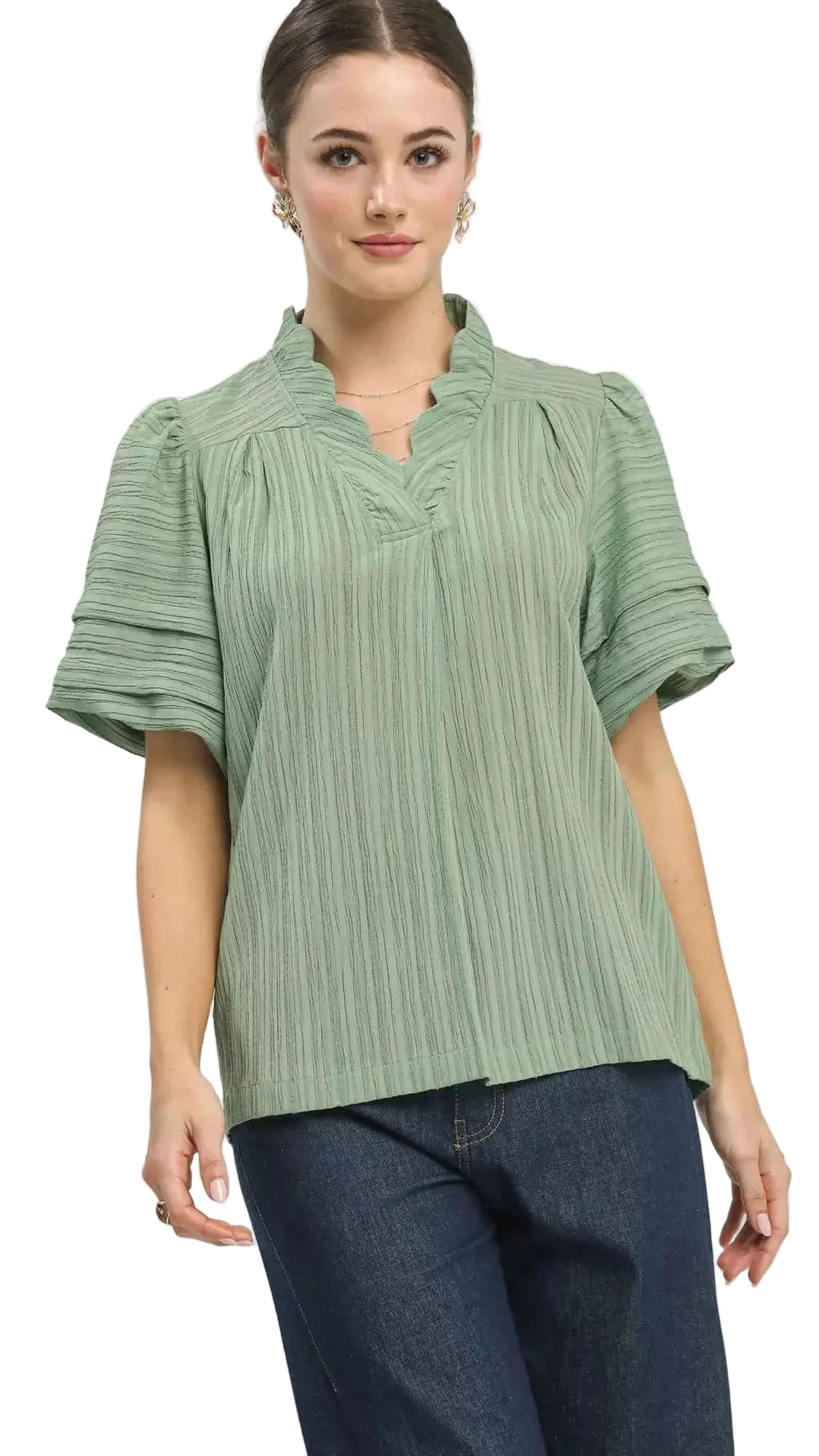 TEEK - Seersucker Bubble Sleeve V-Neck Blouse TOPS TEEK Trend MINT S