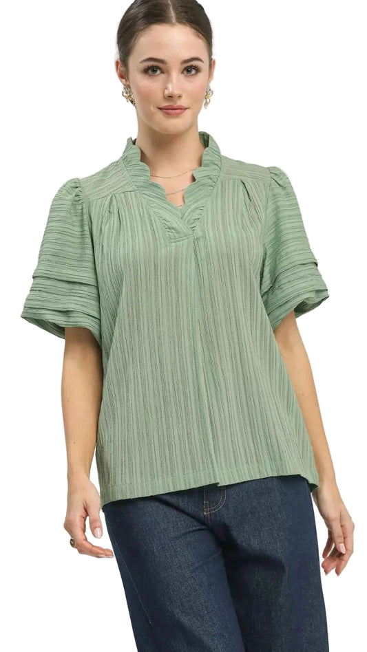 TEEK - Seersucker Bubble Sleeve V-Neck Blouse TOPS TEEK Trend MINT S