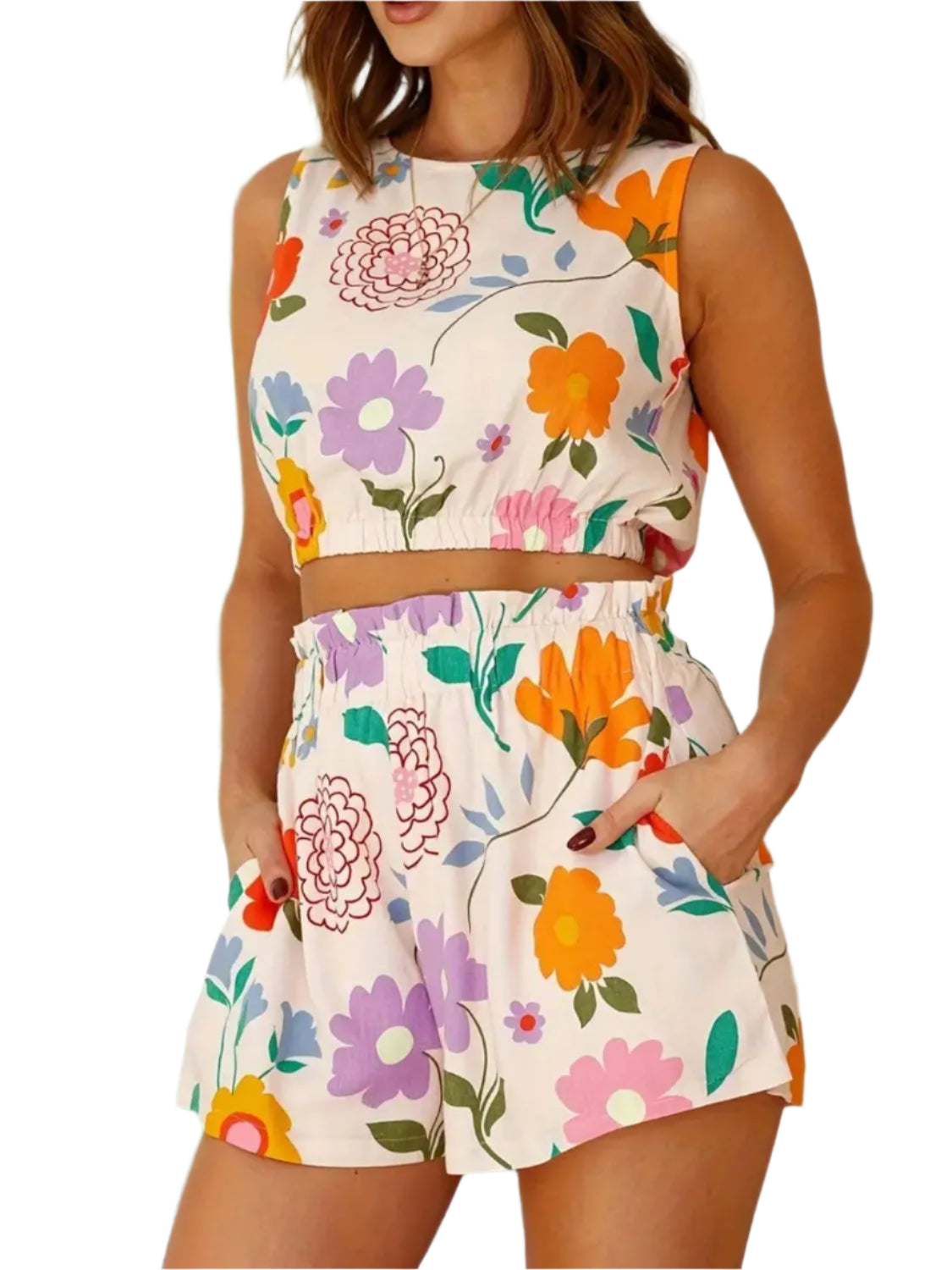 TEEK - Floral Round Neck Tank and Shorts Set SET TEEK Trend S