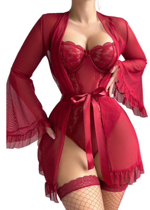 TEEK - Wine Red Lace Sheer Lace-Up Lingerie Robe Set LINGERIE TEEK K S