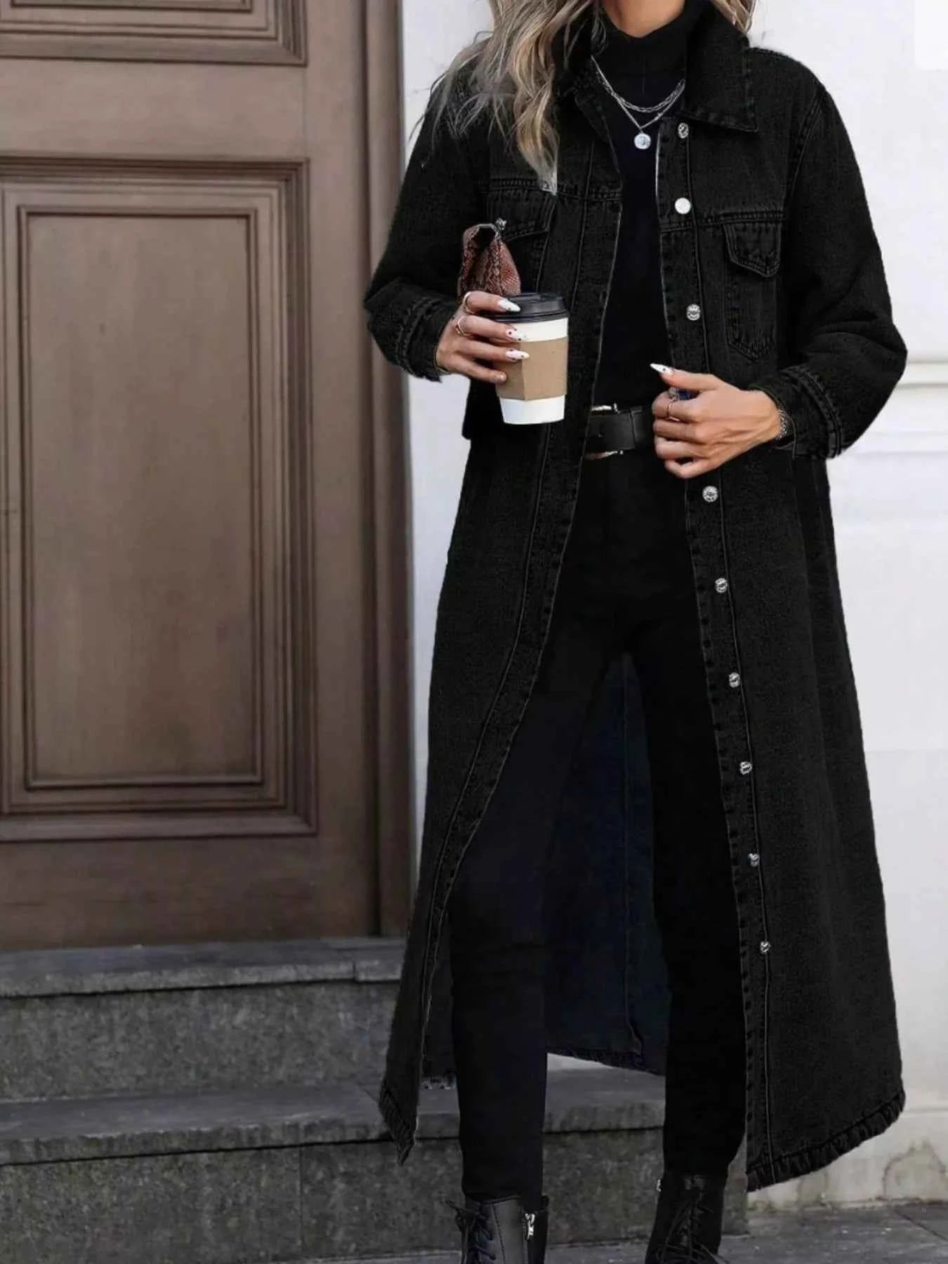 TEEK - Longline Button-Front Denim Coat COAT TEEK Trend Black S