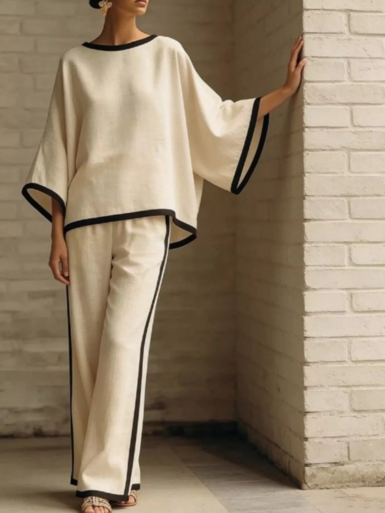 Full Size Contrast Trim Top and Wide-Leg Pants Set Plus Size Trendsi