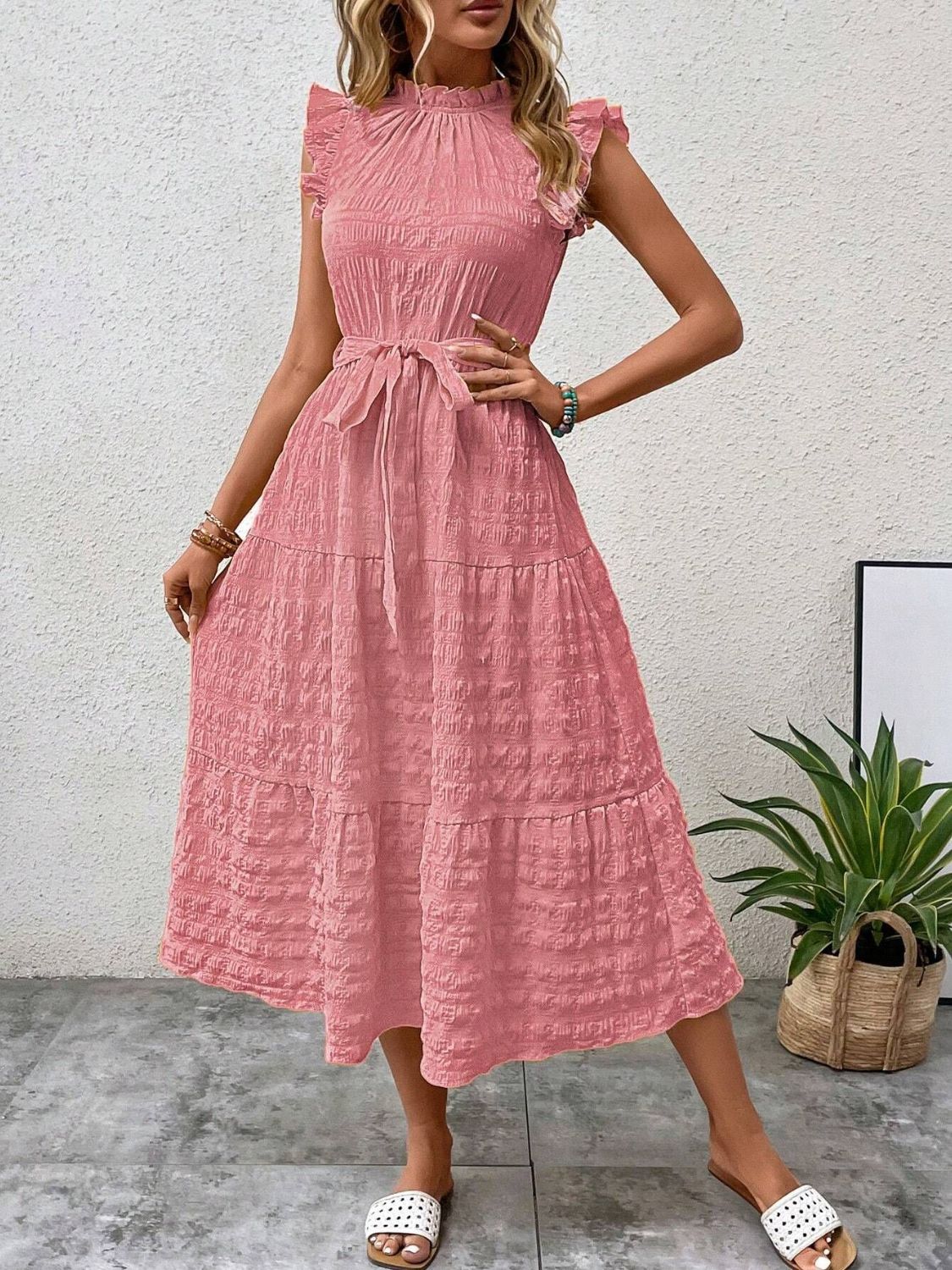 TEEK - Tied Ruffled Cap Sleeve Belted Dress DRESS TEEK Trend   