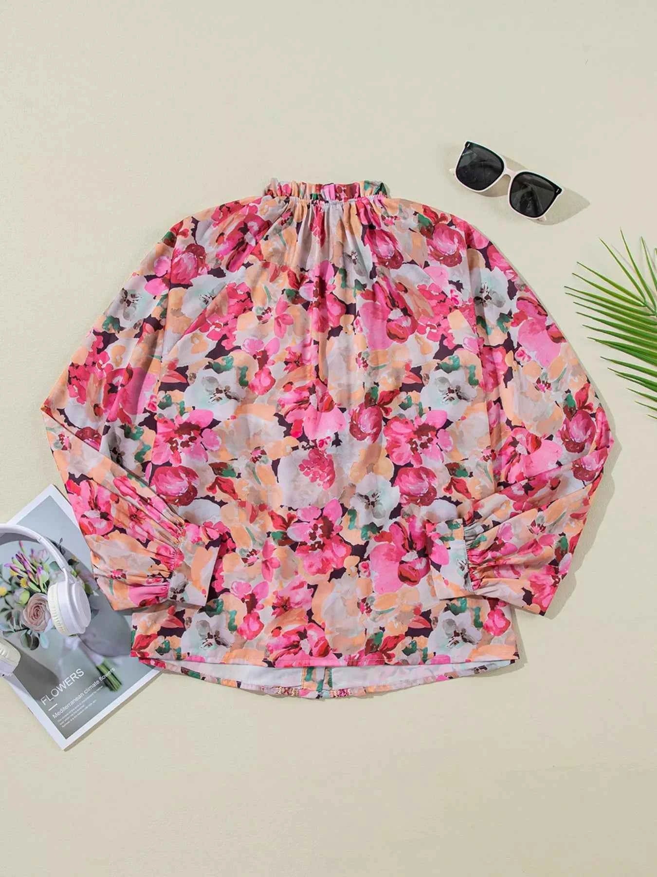 TEEK - Floral Print Ruffle Trim Long Sleeve Shirt TOPS TEEK Trend