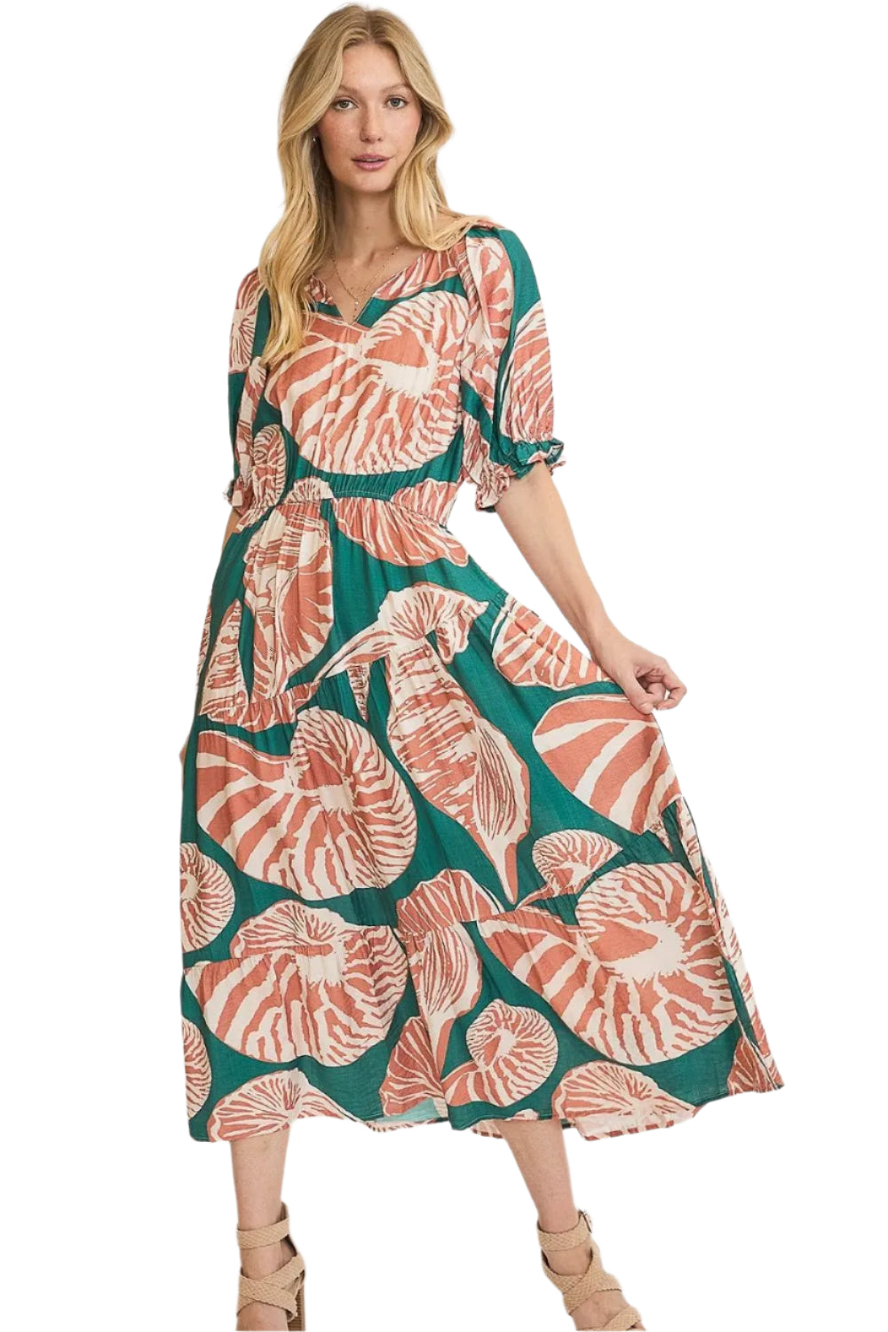 TEEK - Green Clay Printed Notched Puff Sleeve Dress DRESS TEEK Trend S
