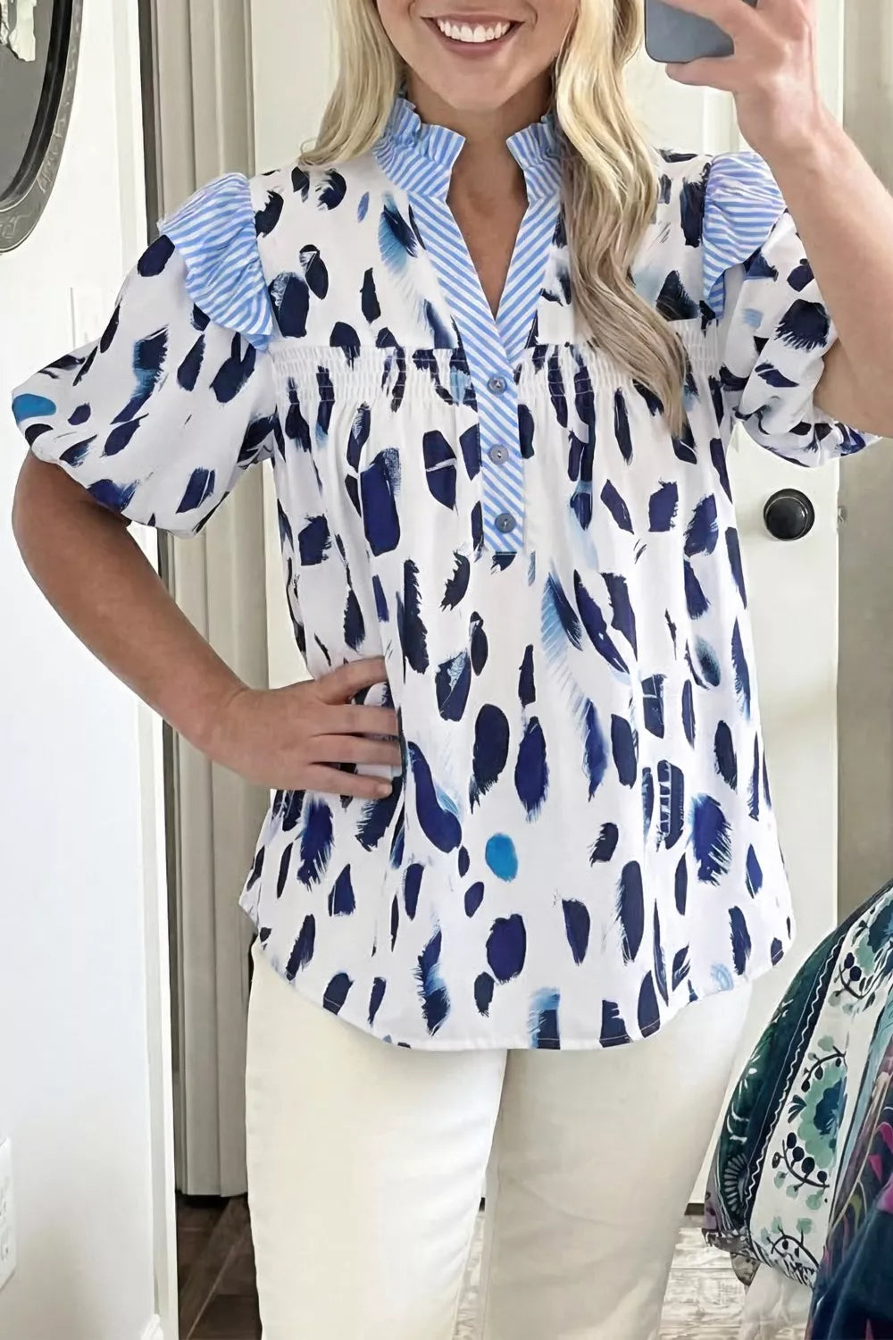 Abstract Animal Print Striped Ruffle Trim V Neck Blouse Trendsi