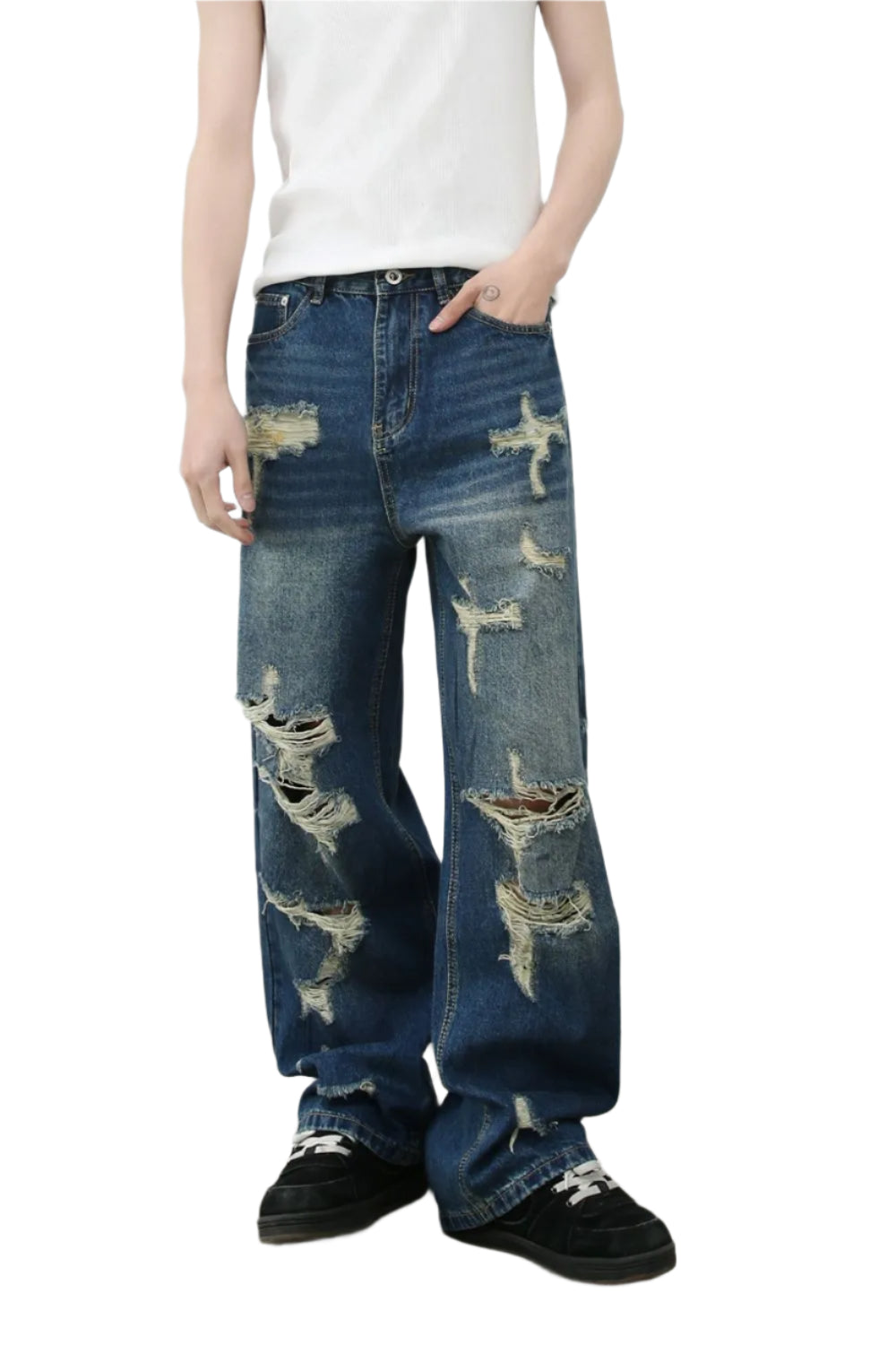 TEEK - Mens Medium Washed Distressed Pocketed Jeans JEANS TEEK Trend S