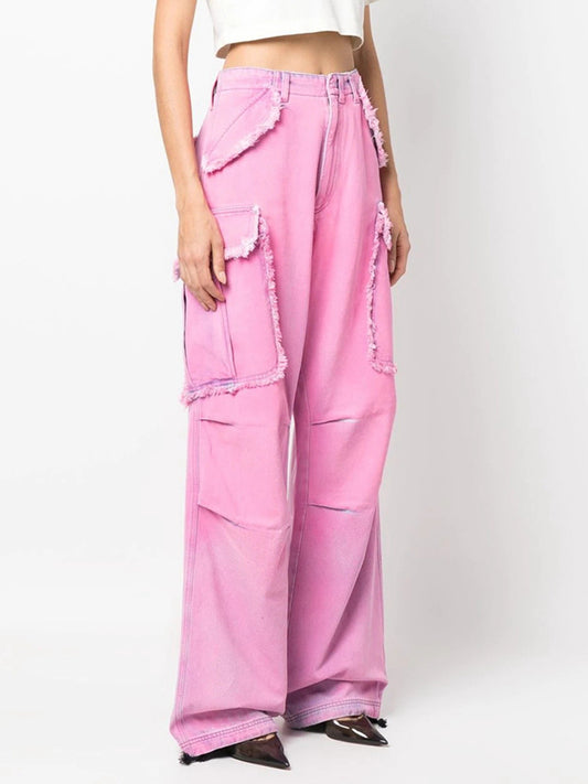 TEEK - Carnation Pink Frayed Detail Cargo Jeans JEANS TEEK Trend S  
