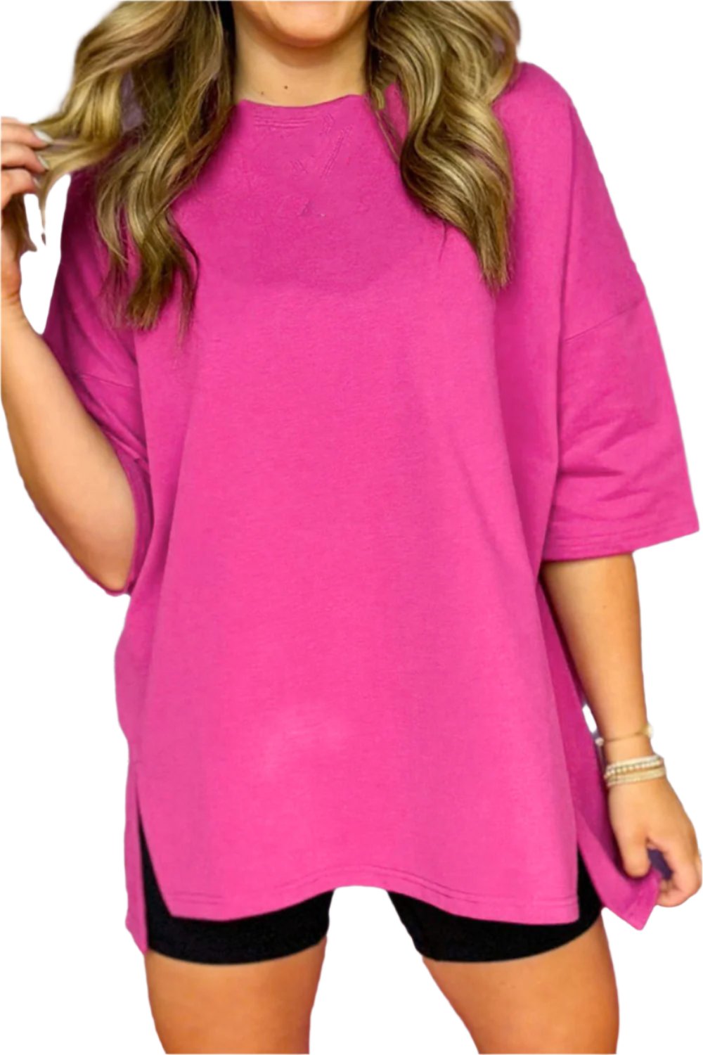 TEEK - Pink Slit Round Neck Half Sleeve T-Shirt TOPS TEEK Trend S  