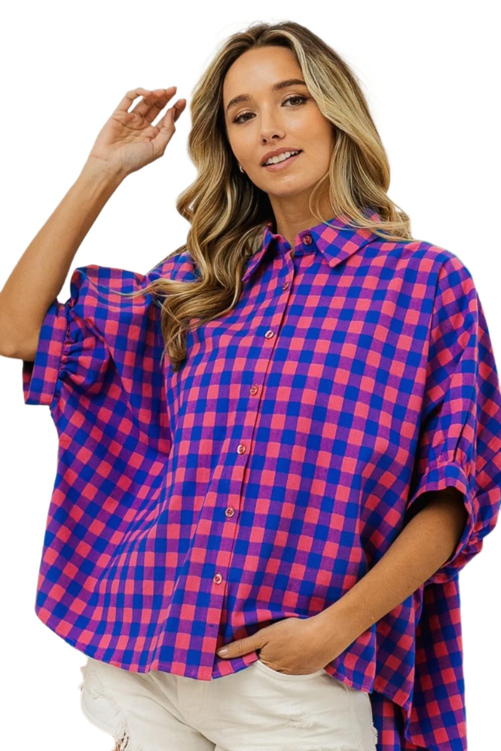 TEEK - Navy Pink Plaid Button Up Dolman Sleeve Shirt TOPS TEEK Trend S  