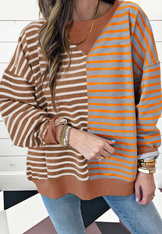 TEEK - Contrast Striped Round Neck Long Sleeve Sweatshirt SWEATER TEEK Trend Brown S