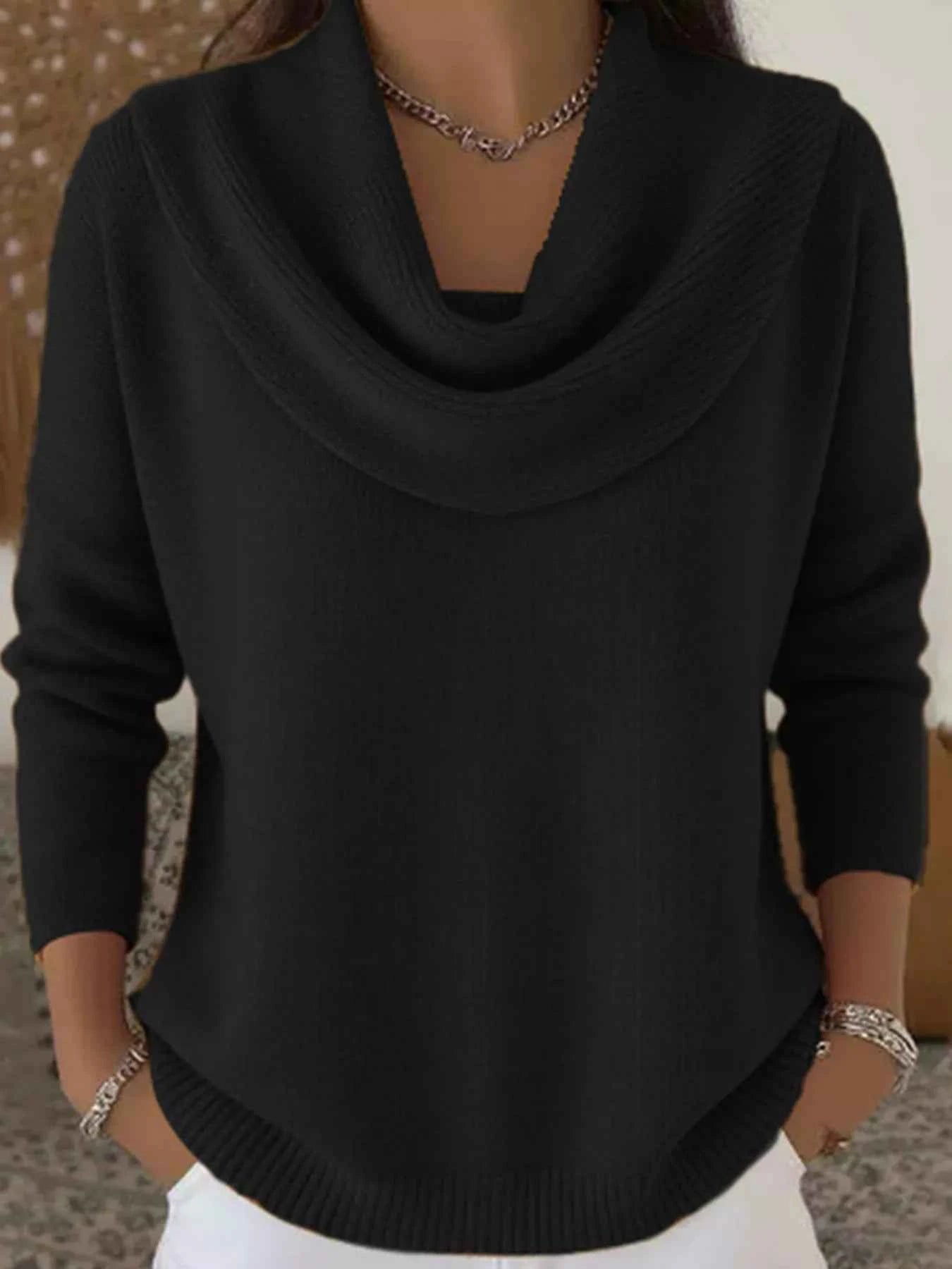 Drape Neck Long Sleeve Knit Top Trendsi Black S