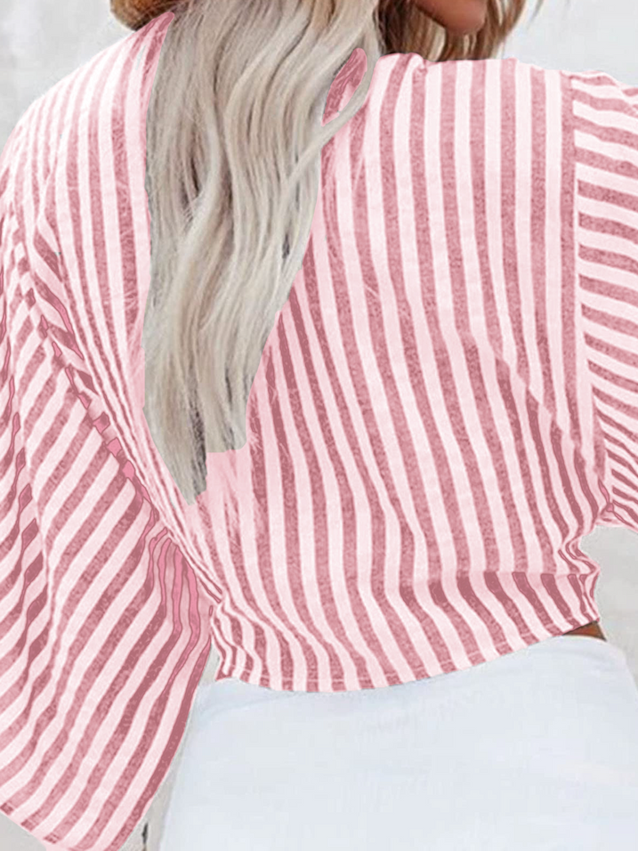 TEEK - Pink Striped Cropped V-Neck Tie Front Flare Sleeve Blouse TOPS TEEK W   
