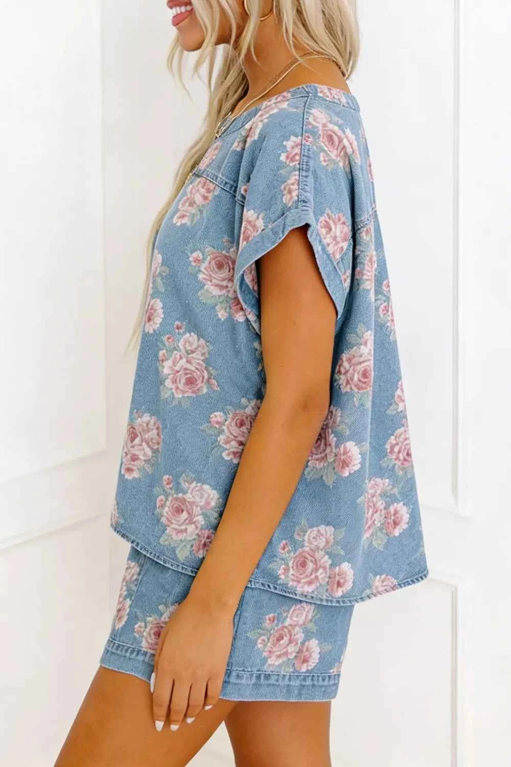 TEEK - Floral Print Top and Shorts Denim Set SET TEEK Trend