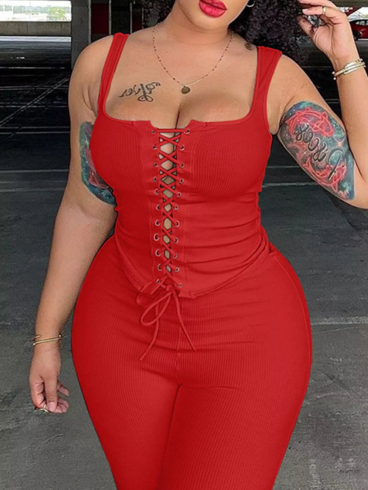 TEEK - Lace-Up Tank and Capris Set SET TEEK Trend Scarlet S