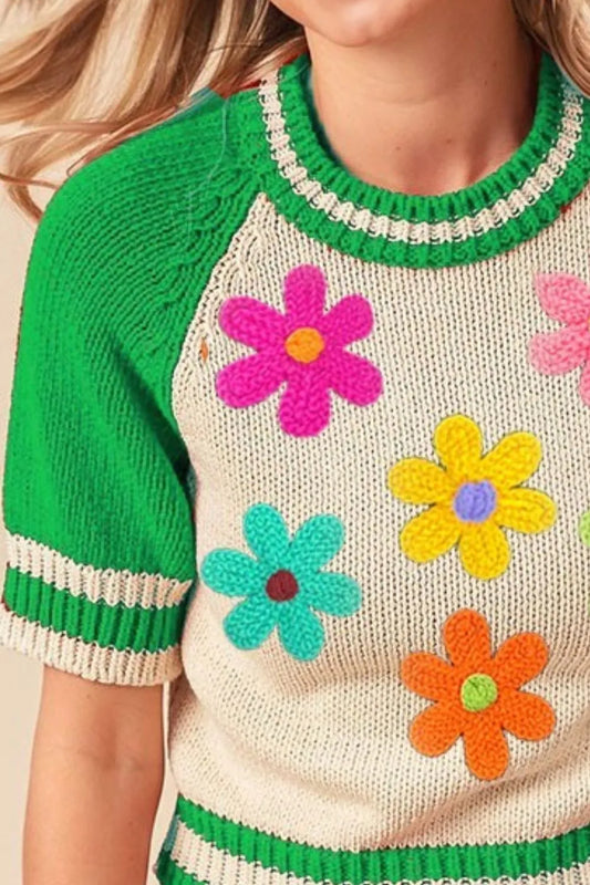 TEEK - Jade Crochet Flower Patches Striped Rib Band Sweater TOPS TEEK Trend