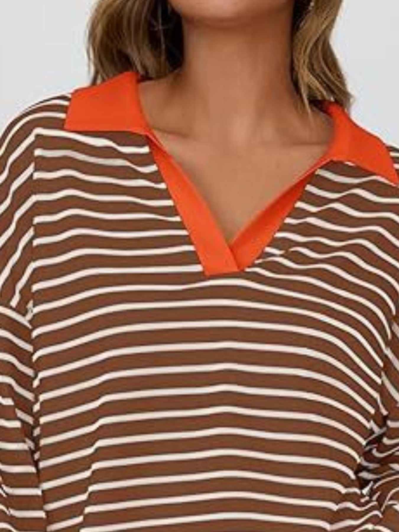 Striped Contrast Collar Long Sleeve Top Trendsi