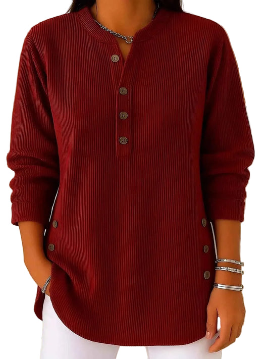 TEEK - Full Size Ribbed Half Button Henley Top Plus Size TOPS TEEK Trend Wine Red S