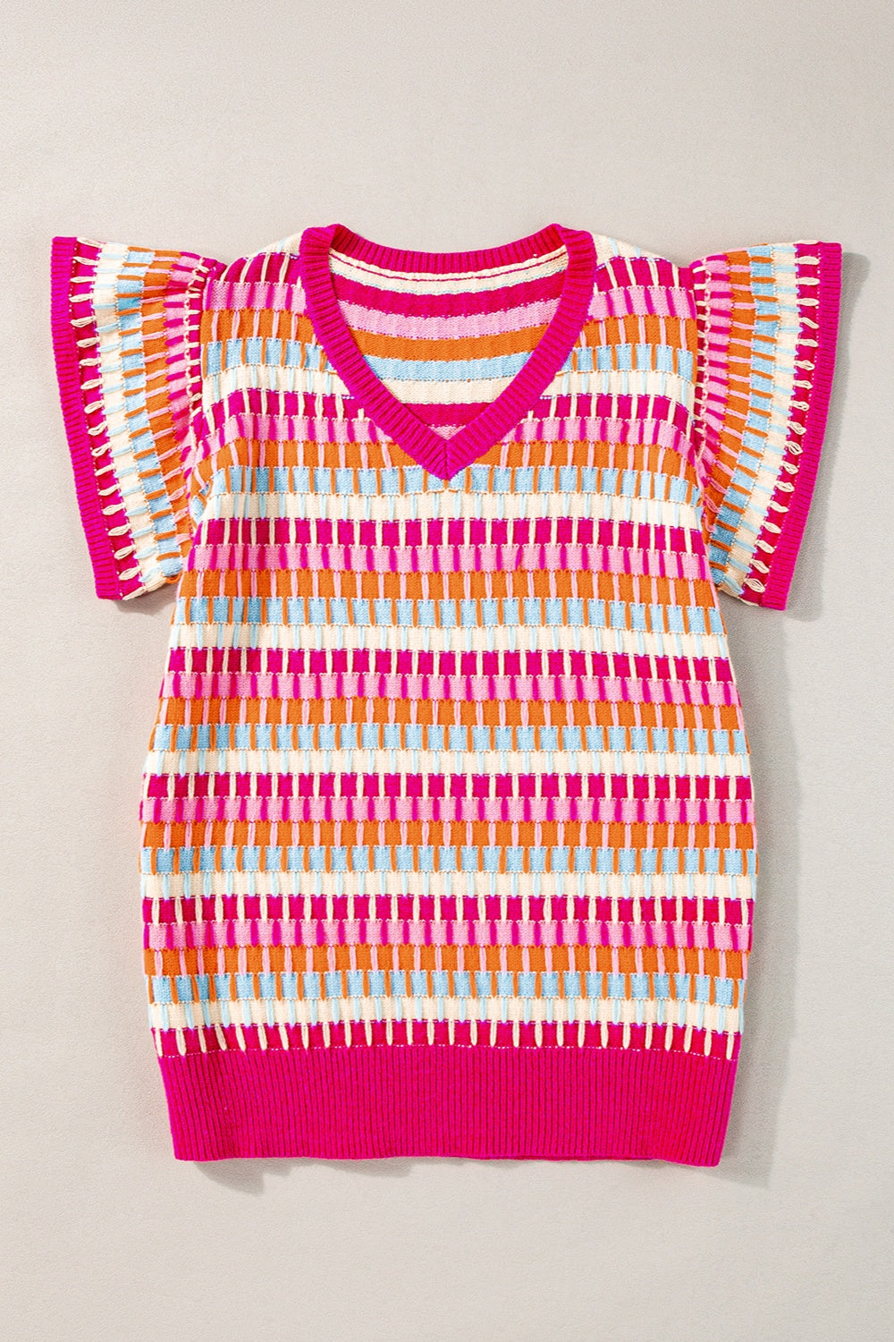 TEEK - V-Neck Cap Sleeve Knit Top TOPS TEEK Trend Hot Pink S 