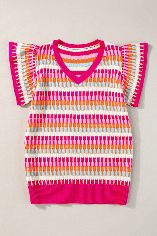 TEEK - V-Neck Cap Sleeve Knit Top TOPS TEEK Trend Hot Pink S 