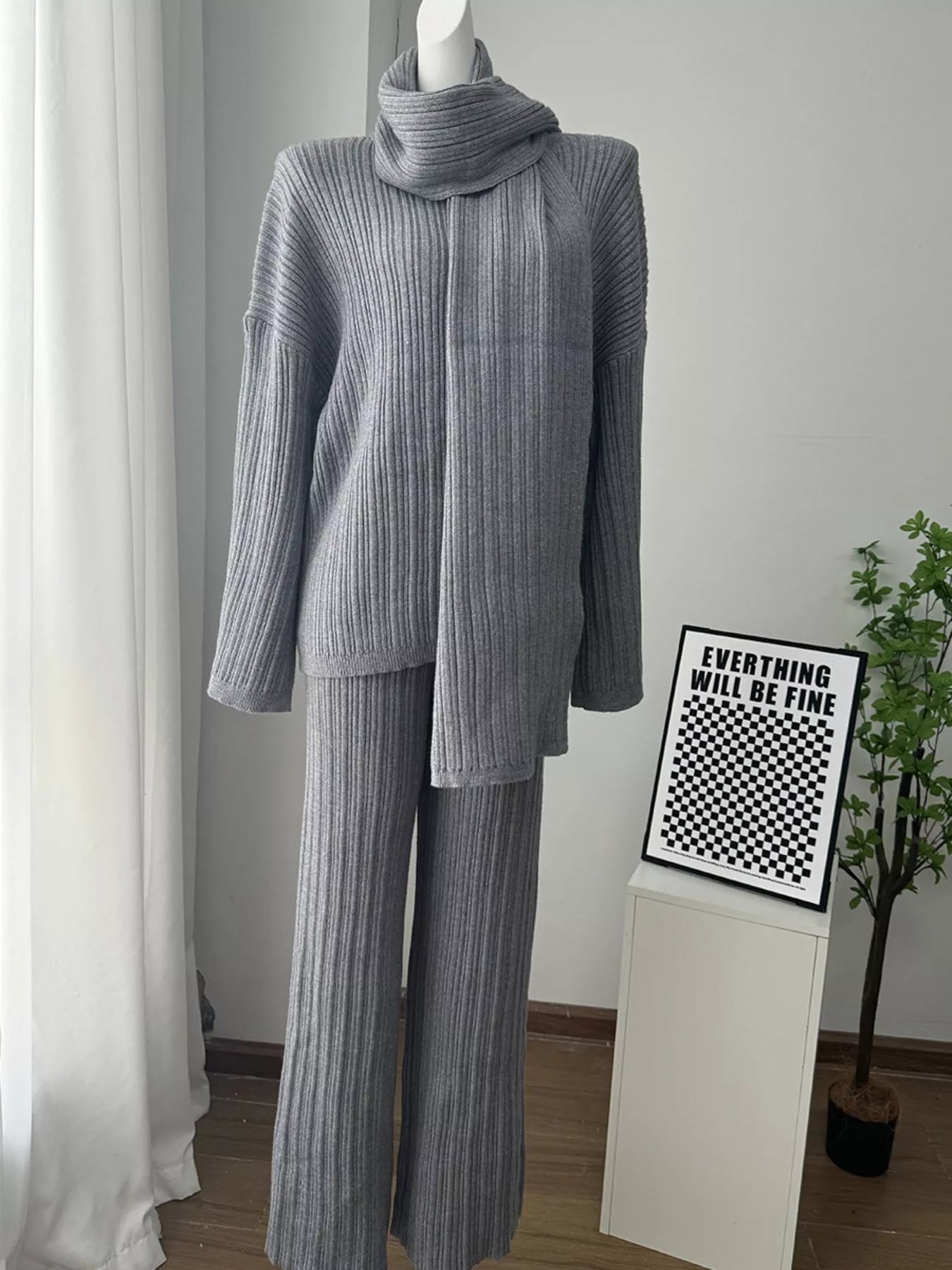 3-Piece Crew Neck Ribbed Sweater and Wide-Leg Pants Set with Scarf Trendsi
