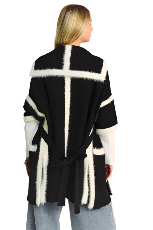 TEEK - Black Fuzzy Trim Open Front Loose Fit Cardigan SWEATER TEEK Trend