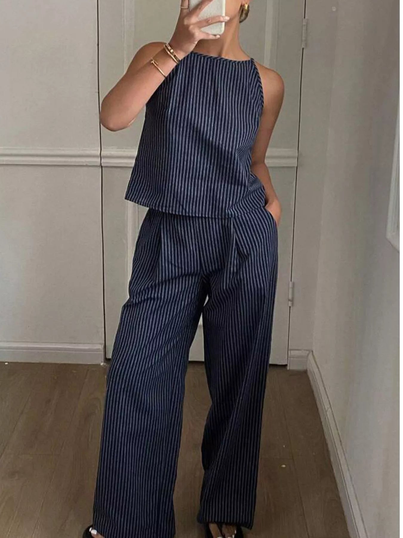 TEEK - Striped Sleeveless Top and Wide-Leg Pants Set SET TEEK Trend
