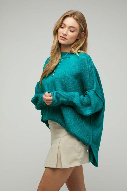 TEEK - Aqua Green Solid Boat Neck Long Sleeve Sweater