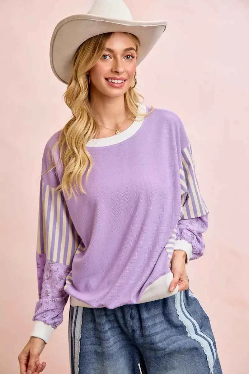 TEEK - Mix and Match Sweatshirt with Floral Sleeve Striped TOPS TEEK Trend