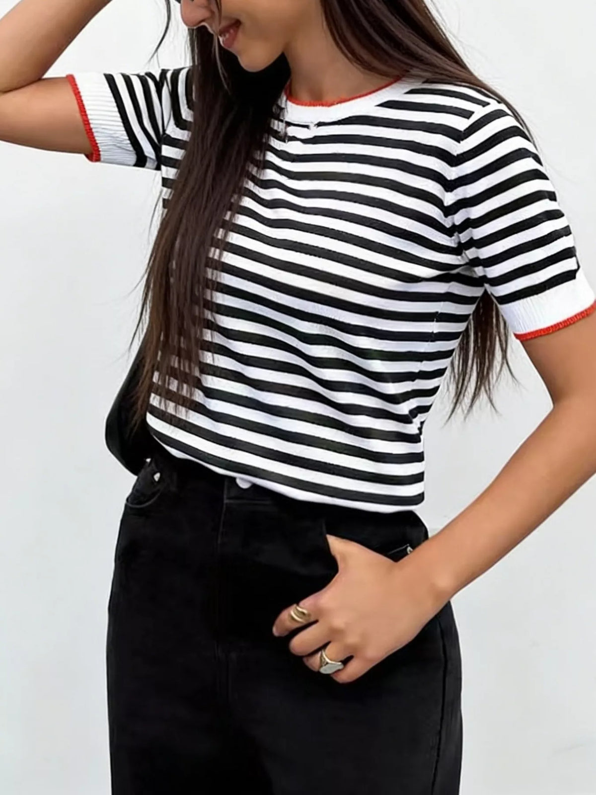Contrast Trim Striped Short Sleeve Knit Top Trendsi Black XS