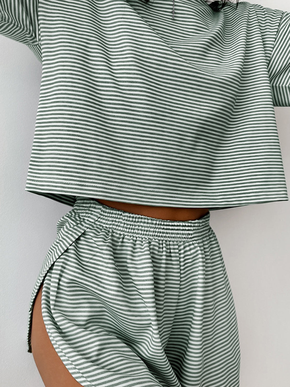 TEEK - Striped Round Neck Top and Shorts Set SET TEEK Trend Gum Leaf S 