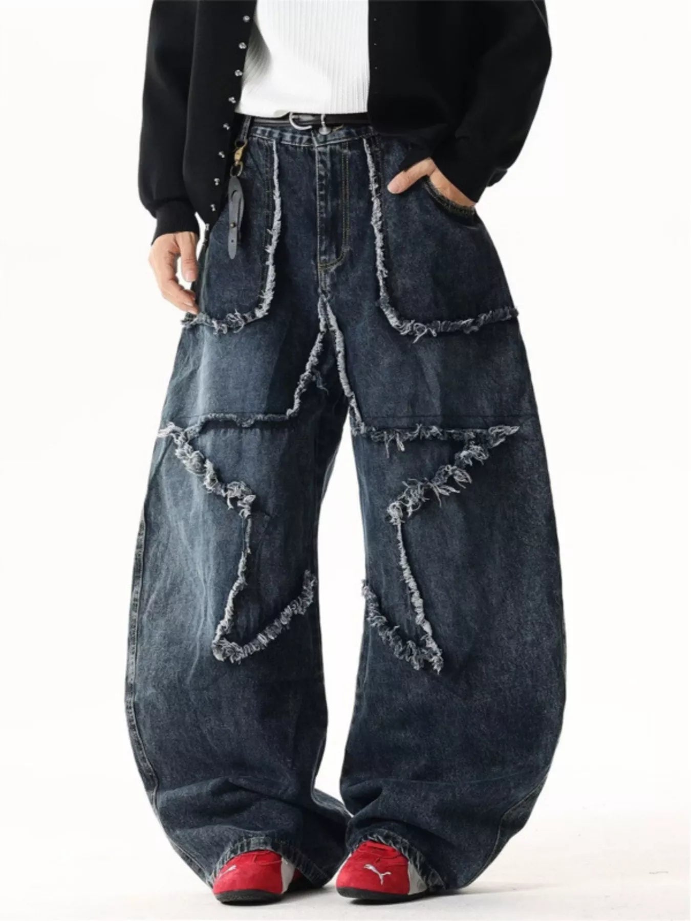 Men's Full Size Star Patchwork Wide Leg Jeans Plus Size Trendsi