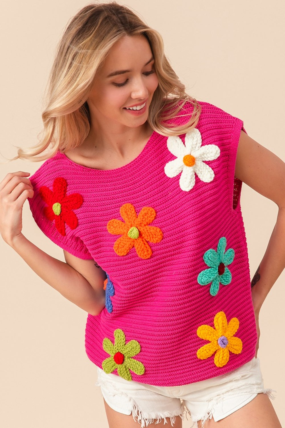 TEEK - Fuschia Flower Round Neck Cap Sleeve Knit Top SWEATER TEEK Trend   