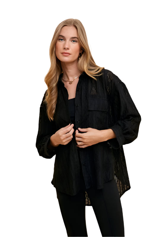 TEEK - Black Openwork Button Down Drop Shoulder Shirt TEEK Trend S