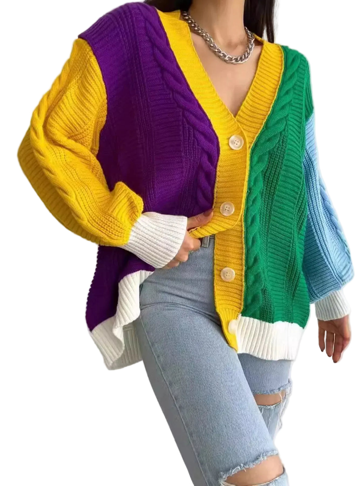 Color Block Button Down Cable-Knit Cardigan Trendsi Multicolor S
