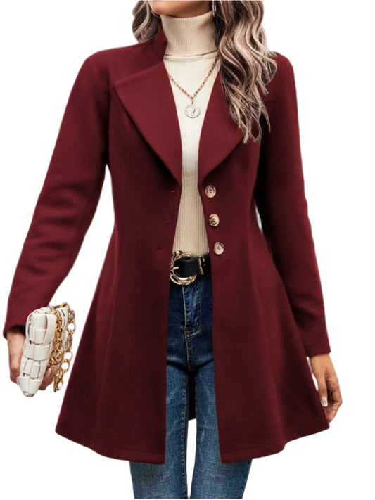 Collared Neck Button Up Long Sleeve Coat TEEK Trend Burgundy S