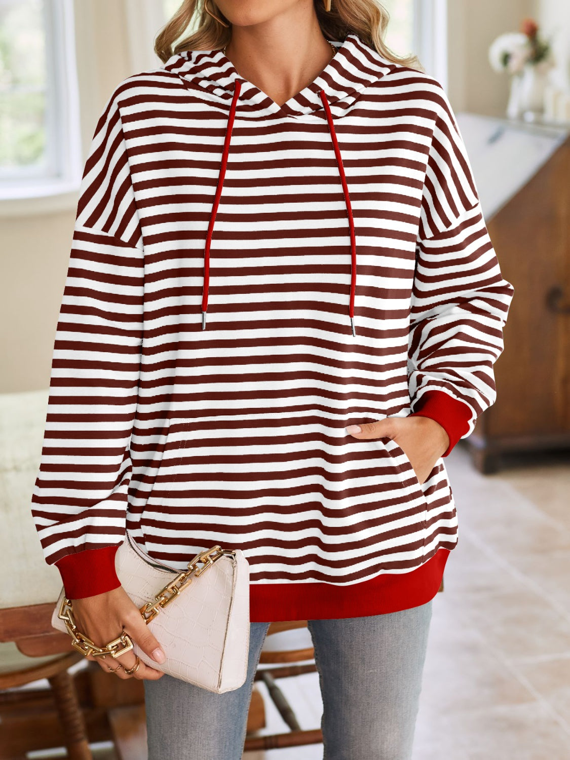 TEEK - Lovelet Drawstring Striped Long Sleeve Hoodie TOPS TEEK Trend   