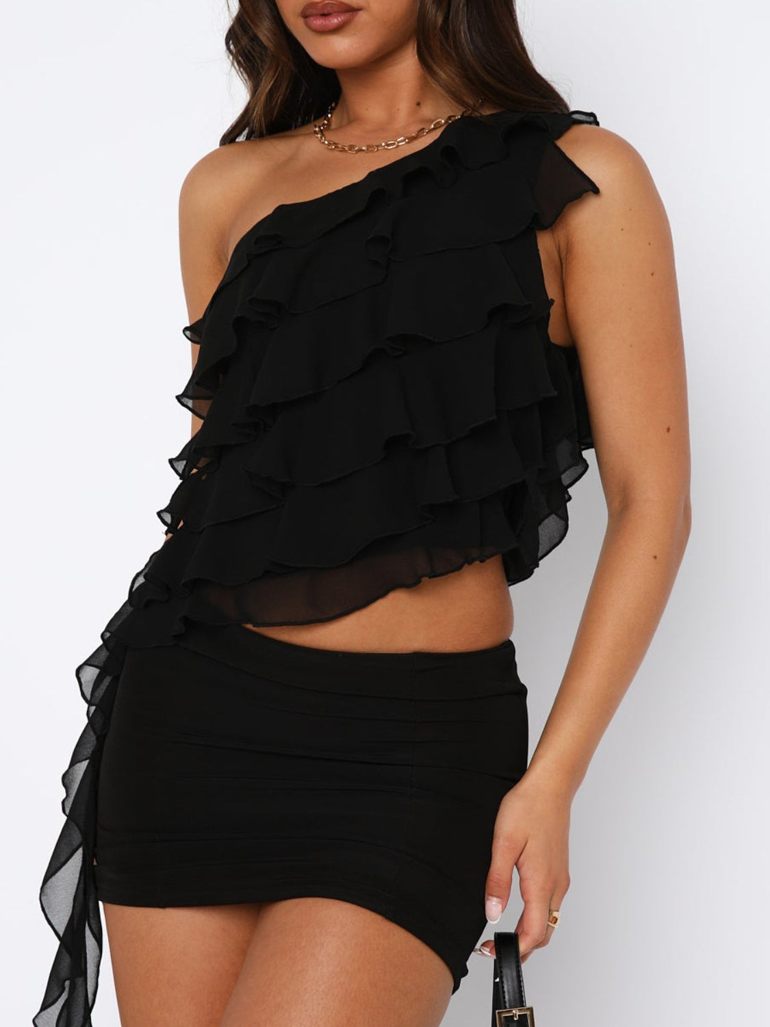 TEEK - Layered Ruffled One Shoulder Tank TOPS TEEK Trend Black S 