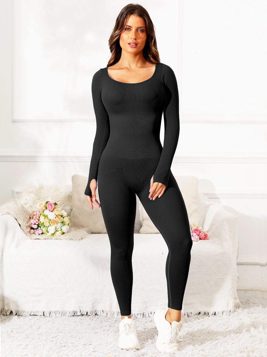 TEEK - Scoop Neck Long Sleeve Active Jumpsuit  TEEK Trend Black S 