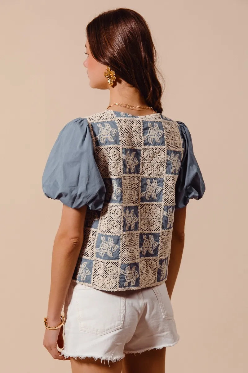 TEEK - Denim Blue Crochet Lace Tie Front V Neck Blouse Top TOPS TEEK Trend