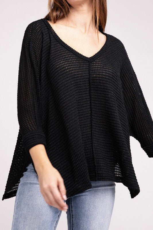 TEEK - 3/4 Sleeve V-Neck Hi-Low Hem Jacquard Sweater SWEATER TEEK FG BLACK S/M 