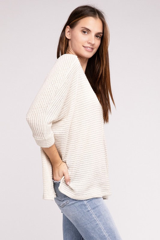 TEEK - 3/4 Sleeve V-Neck Hi-Low Hem Jacquard Sweater SWEATER TEEK FG   