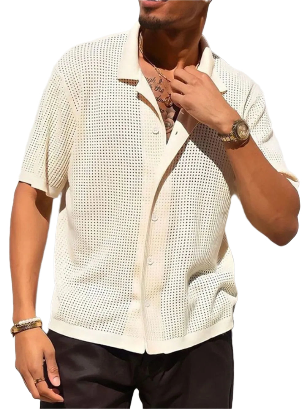TEEK - Mens Openwork Button Down Collared Neck Shirt TOPS TEEK Trend Beige S