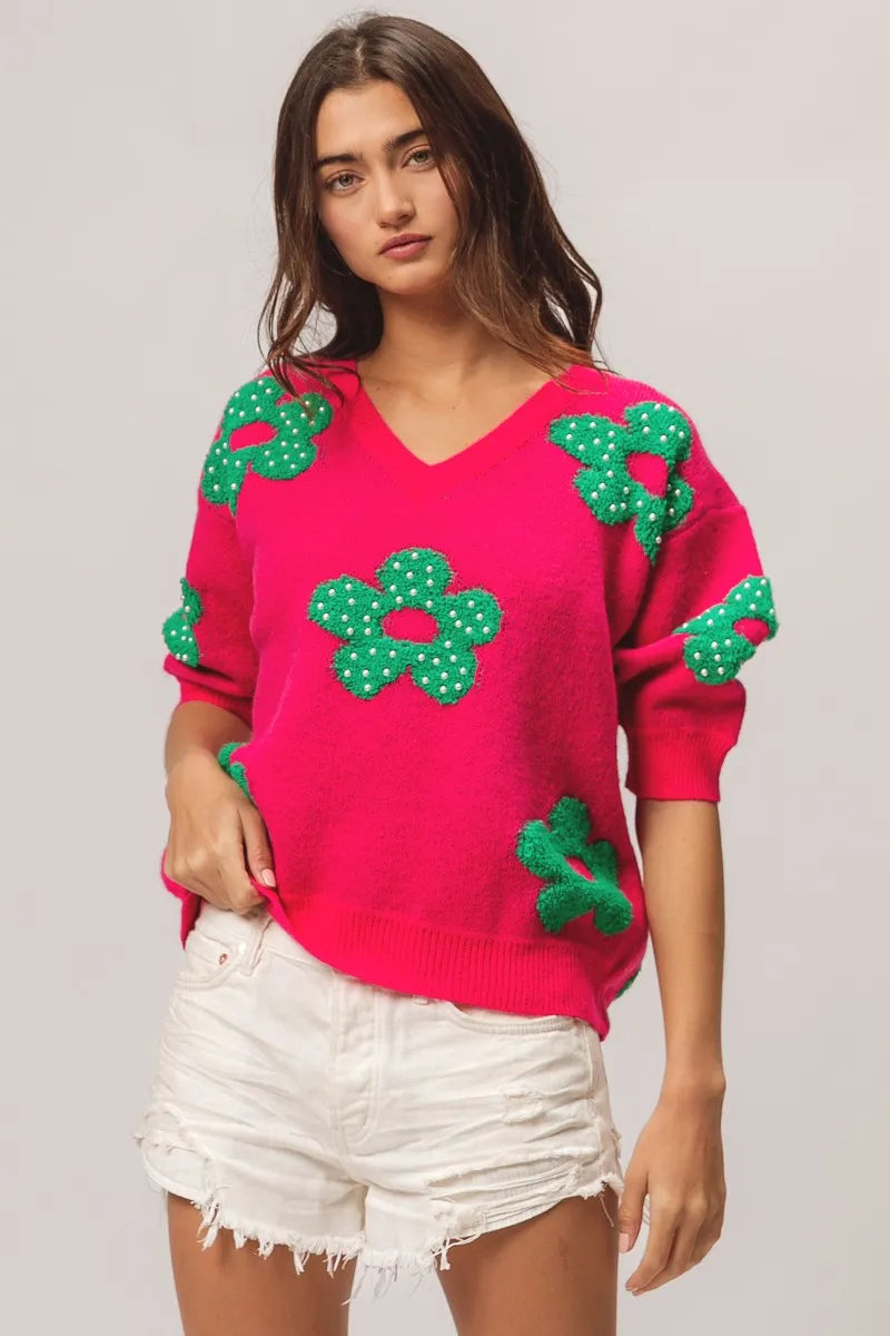 TEEK - Fuchsia Jade Pearl Beads Flowers Sweater Top TOPS TEEK Trend