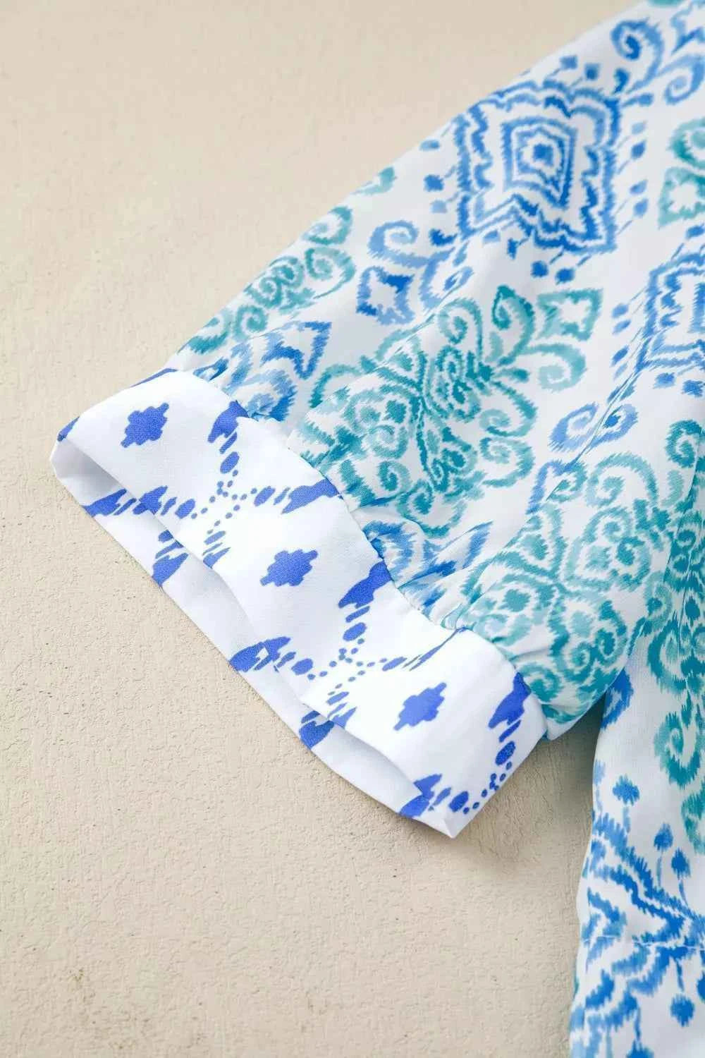 Floral Geometric Patchwork Short Puff Sleeve Babydoll Blouse Trendsi