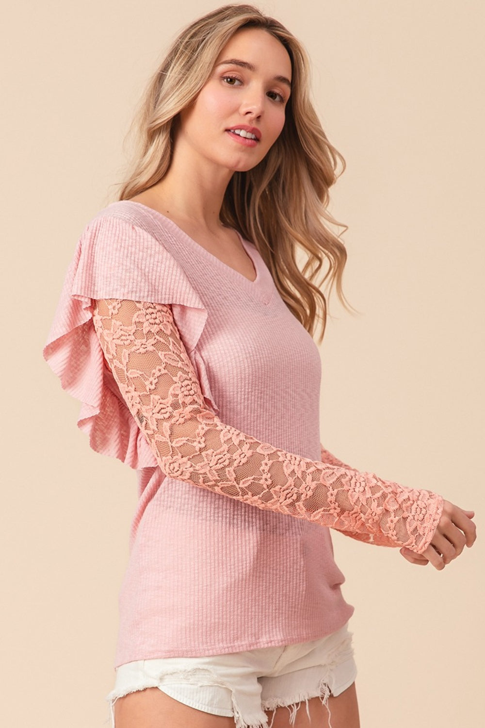 TEEK - Blush Pink Ruffled Lace Sleeve Rib Knit Top TOPS TEEK Trend   